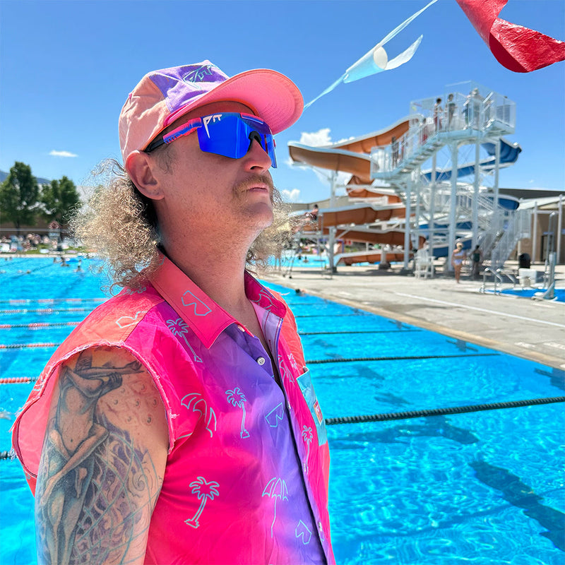 Polarized Blue / Wide | tired.JPG | Man at a pool wearing The Leisurecraft Original from Pit Viper Sunglasses