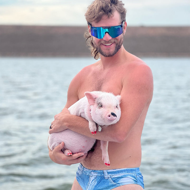 / Polarized Blue | its_fine.JPG | man with a pig wearing Pit Viper Sunglasses